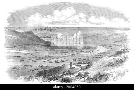 The Field of the Alma, after the Battle, sketched by an officer of the 21st N.B. Fusiliers, 1854. Crimean War: bodies on the battlefield. 'The village of Alma is seen in the distance, and immediately in front of it Lord Raglan's camp...Many of the [dead or wounded] Russians had small crosses and chains fastened round their necks. Several were found with Korans in their knapsacks...[some] had portraits of wives or mistresses, of mothers or sisters inside their coats...Last night all these poor wretches lay in their agony; nothing could be done to help them. The groans, the yells, the cries of d Stock Photo