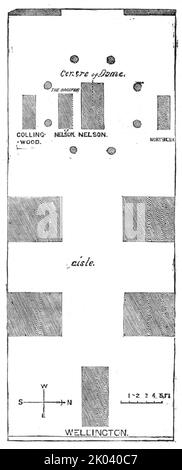 Ground Plan, showing the Position of Wellington's Tomb, in the Crypt of St. Paul's Cathedral, 1854. 'At the time of the Duke's funeral much difference of opinion existed as to the part of the Crypt in which his remains should be placed...The coffin has now been moved down an inclined plane from the centre of the Cathedral to the position shown...which is in the middle of a square chamber about 40 feet to the east...The resting-place of the Duke will thus form a centre round which other soldiers may be most honourably placed. The tomb, which has been designed by Mr. Penrose, will be executed in Stock Photo