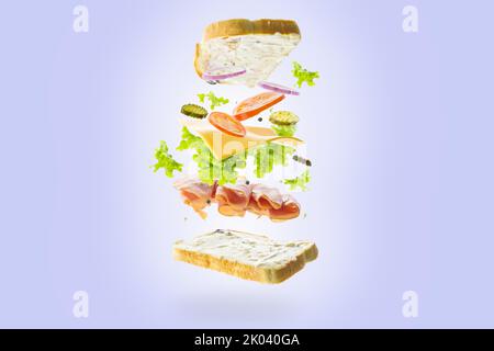 Sandwich in frozen flight on a light blue background. Two slices of bread, lettuce, meat, cheese, vegetables. Beautiful collage. fast food. Advertisin Stock Photo