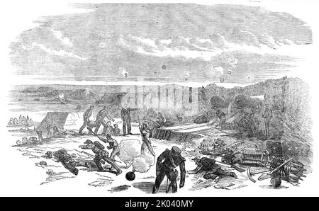 Opening of the Bombardment of Sebastopol - Chapman's Battery, 1854. Crimean War. 'The Russian fire, though well directed, made no impression upon our splendidly-built batteries; whilst it was evident that the earth of theirs was rolling away, and flying off in dust-heaps, from the discharge of our heavy guns. The large redan on the left of the tower appeared at first to suffer less from the effects of our fire, and all the guns in her continued for a time to cast upon us every species of projectile...At three o'clock the magazine inside the great Russian redan exploded, with a terrific noise . Stock Photo