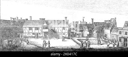 South View of Arundel House in 1646, 1854. Large mansion near the River Thames in London. 'In the South View is shown a strange assemblage of gabled and half-timbered buildings, more in the style of offices than the mansion of one of the most magnificent nobles. On the right is seen the angular pinnacles and central bell-turret of the tower of the old Church of St. Clement Danes, in the Strand; the tower of the present church was not built until 1719, although the body of the church was rebuilt to the old tower in 1682'. From &quot;Illustrated London News&quot;, 1854. Stock Photo