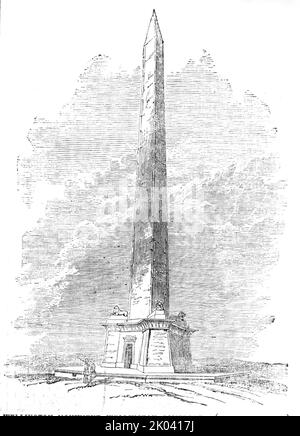 Wellington Monument, Wellington, Somerset, 1854. Monument designed by Thomas Lee, to commemorate the Duke of Wellington's victory at the Battle of Waterloo. It is the tallest three-sided obelisk in the world. 'The Committee, after satisfying themselves of the stability of the old shaft (which had been struck by lightning), decided that the original shaft, which was triangular, and about 100 feet high, should be carefully repaired, where necessary; and be carried up about 50 feet higher, so as to bring it more to the proportions of an obelisk. The staircase is to be carried to the top, where th Stock Photo