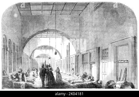 The New Barrack-Hospital, at Scutari, 1854. Crimean War. Letter to the British government from one of Florence Nightingale's nurses asking for supplies: '[I] ask you at once to send us wine, or anything which would be useful for the wounded or dying...There are fifty nurses, all of them exceedingly skilful, and we find our efforts so appreciated by the soldiers as well as by the medical officers, that there is hope that the experiment...of sending women out to do the part which God so evidently assigned to them will be blessed...[The nurses' tasks were] assisting the surgeons, when we could, i Stock Photo