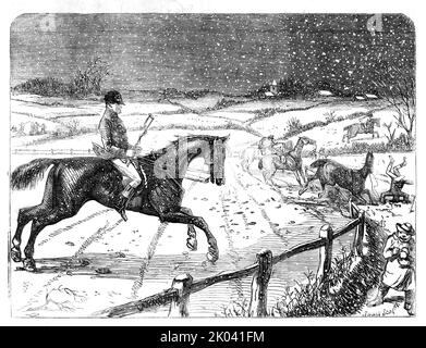 Very Fond of It - drawn by John Leech, 1854. Horse-riding in the snow. From &quot;Illustrated London News&quot;, 1854. Stock Photo
