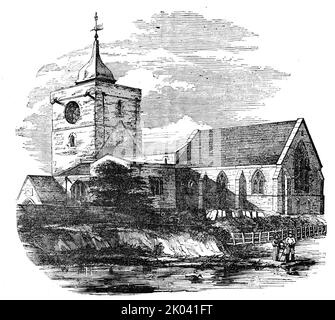 Ponteland Church, Northumberland, 1854. Church of St Mary the Virgin, '...built, probably, in the early part of the thirteenth century, although its tower betokens an earlier date, in its Norman doorway entering from the west. The body of the Church is in a mixed style of architecture - Gothic, Transitional, Florid, Venetian, and bad Modern...Few persons can fail to have remarked the dank and cavernous appearance of the walls of churches in rural districts; indicating dampness and other unhealthy conditions of such edifices...The interior has hitherto been, like too many of our country churche Stock Photo