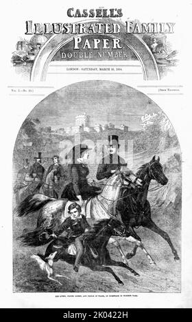 'The Queen, Prince Albert, and Prince of Wales, on horseback in Windsor Park: Front Page; Cassells Illustrated Family Paper; London Saturday, March 25, 1854', 1854. From &quot;Cassells Illustrated Family Paper; London Weekly 31/12/1853 - 30/12/1854&quot;. Stock Photo