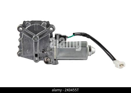 Motor, door window. Electric window mechanism motor for a car on a white isolated background. Automotive spare parts catalog. Stock Photo