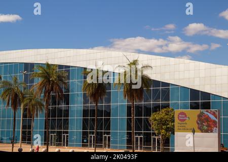 Brasília, Federal District, Brazil – July 23, 2022: Ulysses Guimarães Convention Center on a clear day with blue sky. Project by Sérgio Bernardes. Stock Photo