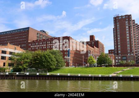 Buildings by Cuyahoga river in the Flats area of Cleveland, Ohio Stock Photo