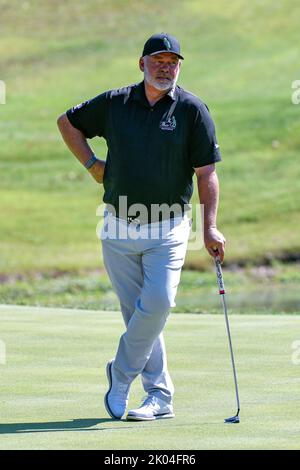 September 11, 2022: Golfers Tom Pernice Jr. and Darren Clarke shake hands  after their round on the final day of the Ascension Charity Classic held at  Norwood Hills Country Club in Jennings