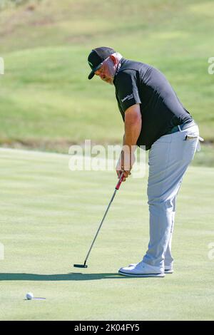 September 11, 2022: Golfers Tom Pernice Jr. and Darren Clarke shake hands  after their round on the final day of the Ascension Charity Classic held at  Norwood Hills Country Club in Jennings