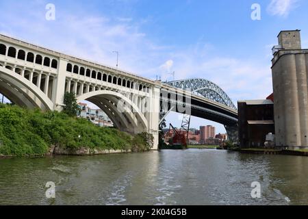 3,112-foot-long (949 m) Detroit–Superior Bridge (officially known as the Veterans Memorial Bridge) in Cleveland, Ohio.  One of Clevelands 330 bridges. Stock Photo