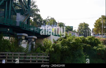 Columbus Road Lift Bridge over Cuyahoga river in Cleveland, Ohio.  One of Clevelands 330 bridges. Stock Photo