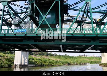 Columbus Road Lift Bridge over Cuyahoga river in Cleveland, Ohio.  One of Clevelands 330 bridges. Stock Photo