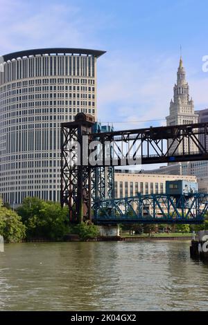 United States District Courthouse and Tower City in downtown Cleveland behind Carter Road Lift Bridge seen from Cuyahoga river. Stock Photo