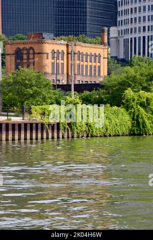 Cleveland city views from Cuyahoga river. Stock Photo