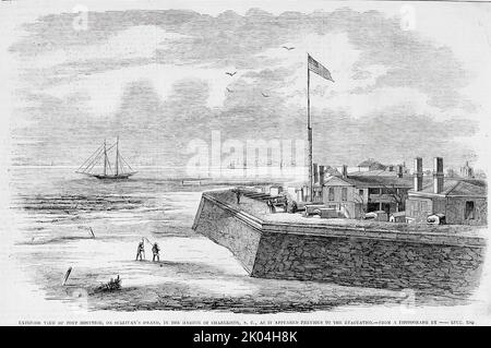 Exterior view of Fort Moultrie, on Sullivan's Island, in the harbor of Charleston, South Carolina, as it appeared previous to the evacuation, January 1861. 19th century American Civil War illustration from Frank Leslie's Illustrated Newspaper Stock Photo