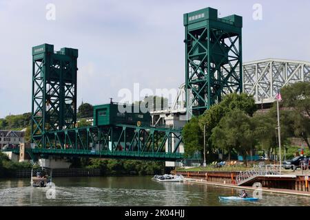 Columbus Road Lift Bridge over Cuyahoga river in Cleveland, Ohio.  One of Clevelands 330 bridges. Stock Photo