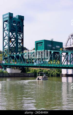 Columbus Road Lift Bridge over Cuyahoga river in Cleveland, Ohio.  One of Clevelands 330 bridges. Stock Photo