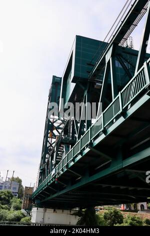 Columbus Road Lift Bridge over Cuyahoga river in Cleveland, Ohio.  One of Clevelands 330 bridges. Stock Photo