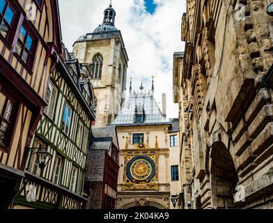 Stunning view of Rue du Gros Horloge (Great Clock), a 14th century astronomical clock located in the historic city center of Rouen, Normandy, France Stock Photo