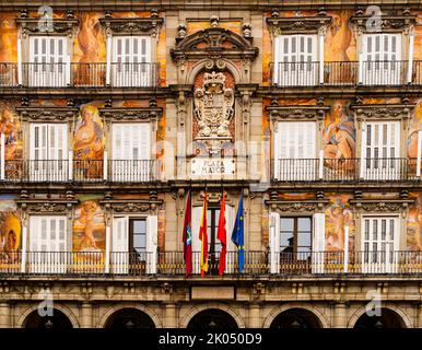 Stunning facade of Casa de la Panaderia (bakery house), municipal and cultural building placed on the north side of Plaza Mayor, Madrid, Spain Stock Photo