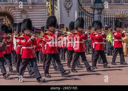 United Kingdom, London - July 29, 2022: Musicians at the changing of the Guard in front of the Royal Buckingham Palace Stock Photo
