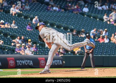 Denver CO, USA. 7th Sep, 2022. Milwaukee pitcher Eric Lauer (52) throws a pitch the game with Milwaukee Brewers and Colorado Rockies held at Coors Field in Denver Co. David Seelig/Cal Sport Medi. Credit: csm/Alamy Live News Stock Photo