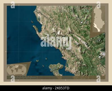 Vlore, county of Albania. High resolution satellite map. Locations of major cities of the region. Corner auxiliary location maps Stock Photo