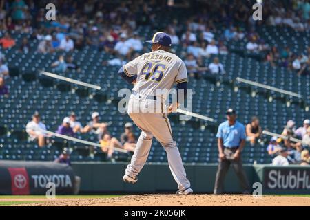 Denver CO, USA. 7th Sep, 2022. Milwaukee pitcher Luis Pedumo (46) throws a pitch the game with Milwaukee Brewers and Colorado Rockies held at Coors Field in Denver Co. David Seelig/Cal Sport Medi. Credit: csm/Alamy Live News Stock Photo