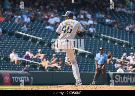 Denver CO, USA. 7th Sep, 2022. Milwaukee pitcher Luis Pedumo (46) throws a pitch the game with Milwaukee Brewers and Colorado Rockies held at Coors Field in Denver Co. David Seelig/Cal Sport Medi. Credit: csm/Alamy Live News Stock Photo
