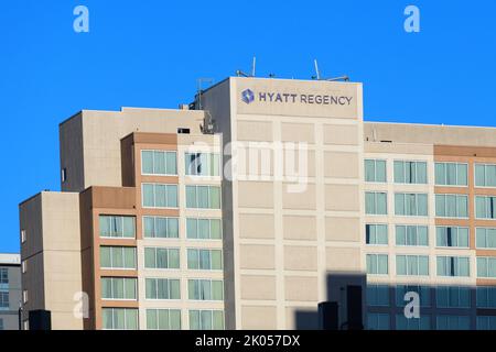 Bellevue, WA, USA - September 08, 2022; Facade of Bellevue Hyatt Regency hotel with blue sky Stock Photo