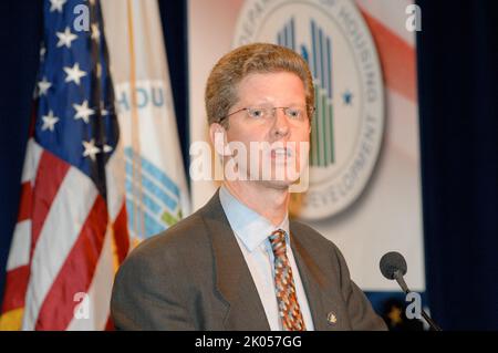 Town Hall meeting, 'The Road Ahead,' at HUD headquarters, featuring Secretary Shaun Donovan and other senior officials. Stock Photo