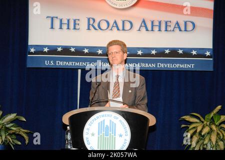 Town Hall meeting, 'The Road Ahead,' at HUD headquarters, featuring Secretary Shaun Donovan and other senior officials. Stock Photo