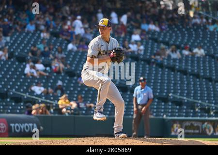 Denver CO, USA. 7th Sep, 2022. Milwaukee pitcher Brent Suter (35) throws a pitch the game with Milwaukee Brewers and Colorado Rockies held at Coors Field in Denver Co. David Seelig/Cal Sport Medi. Credit: csm/Alamy Live News Stock Photo
