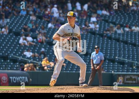 Denver CO, USA. 7th Sep, 2022. Milwaukee pitcher Brent Suter (35) throws a pitch the game with Milwaukee Brewers and Colorado Rockies held at Coors Field in Denver Co. David Seelig/Cal Sport Medi. Credit: csm/Alamy Live News Stock Photo