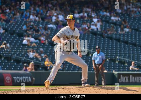 Denver CO, USA. 7th Sep, 2022. Milwaukee pitcher Brent Suter (35) throws a pitch the game with Milwaukee Brewers and Colorado Rockies held at Coors Field in Denver Co. David Seelig/Cal Sport Medi. Credit: csm/Alamy Live News Stock Photo