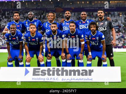 Doha, Qatar. 9th Sep, 2022. Al-Hilal's players pose for a team group photo ahead of the Lusail Super Cup football match between Saudi Arabia's Al-Hilal and Egypt's Zamalek at the Lusail Stadium in Doha, Qatar, Sept. 9, 2022. Credit: Nikku/Xinhua/Alamy Live News Stock Photo