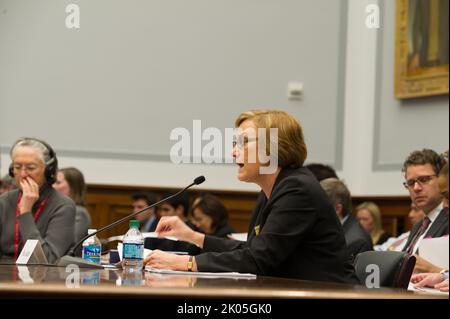 Testimony of Federal Housing Administration Commissioner Carol Galante at hearing of House Financial Services Committee, Capitol Hill. Stock Photo