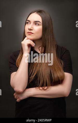 pensive woman portrait body positive overweight Stock Photo