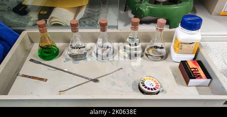 Vials of chemical substances, intended for chemistry experiments in chemistry class at school Stock Photo