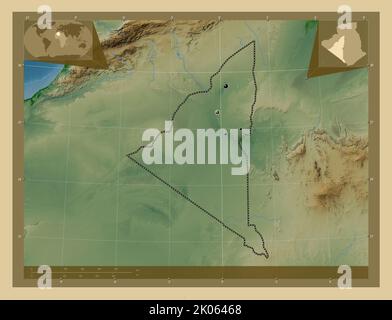 Adrar, province of Algeria. Colored elevation map with lakes and rivers. Locations of major cities of the region. Corner auxiliary location maps Stock Photo