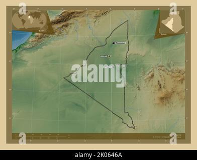 Adrar, province of Algeria. Colored elevation map with lakes and rivers. Locations and names of major cities of the region. Corner auxiliary location Stock Photo