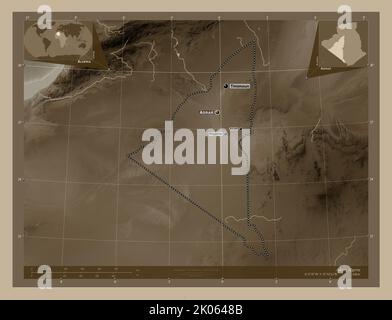 Adrar, province of Algeria. Elevation map colored in sepia tones with lakes and rivers. Locations and names of major cities of the region. Corner auxi Stock Photo