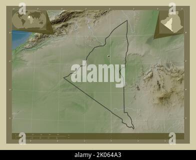 Adrar, province of Algeria. Elevation map colored in wiki style with lakes and rivers. Corner auxiliary location maps Stock Photo