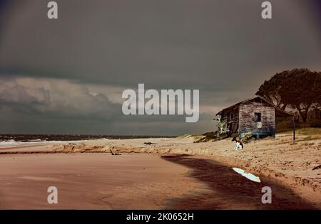 WAITING, A DOG WAITES FOR HIS OWNER BY A CABIN ON THE BEACH Stock Photo