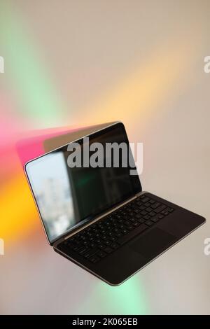 opened laptop computer technology distance work Stock Photo