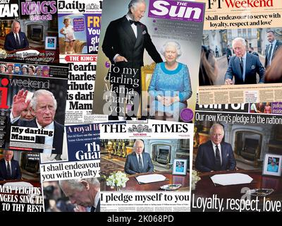 U.K. papers report on King Charles III's televised address on 9th September, following the death of his mother, Queen Elizabeth II, a day earlier. Stock Photo