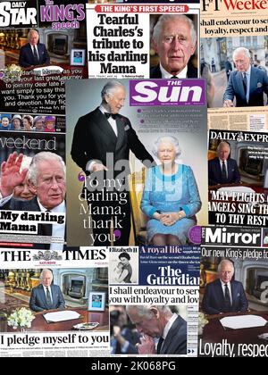 U.K. papers report on King Charles III's televised address on 9th September, following the death of his mother, Queen Elizabeth II, a day earlier. Stock Photo