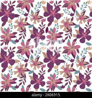 Seamless Winter Floral Design Pattern Illustration. Spray Texture Mauve, purple, beige, blue color. Flowers, leaves, twig and buds. Textile, paper Stock Photo
